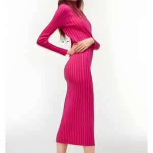 Zara Stretch Bodycon Sz S Striped Mock Neck Elegant Midi Dress Fuchsia Pink Red